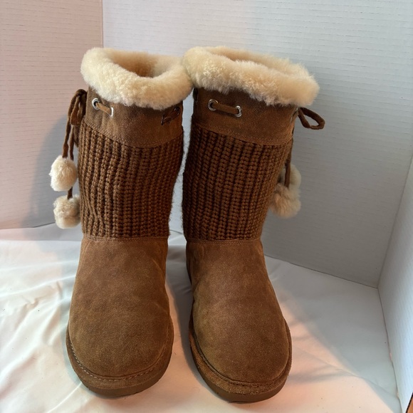 BearPaw Brown Suede Leather Fluffy Sheepskin Lined Boots Size 10 - Picture 1 of 10